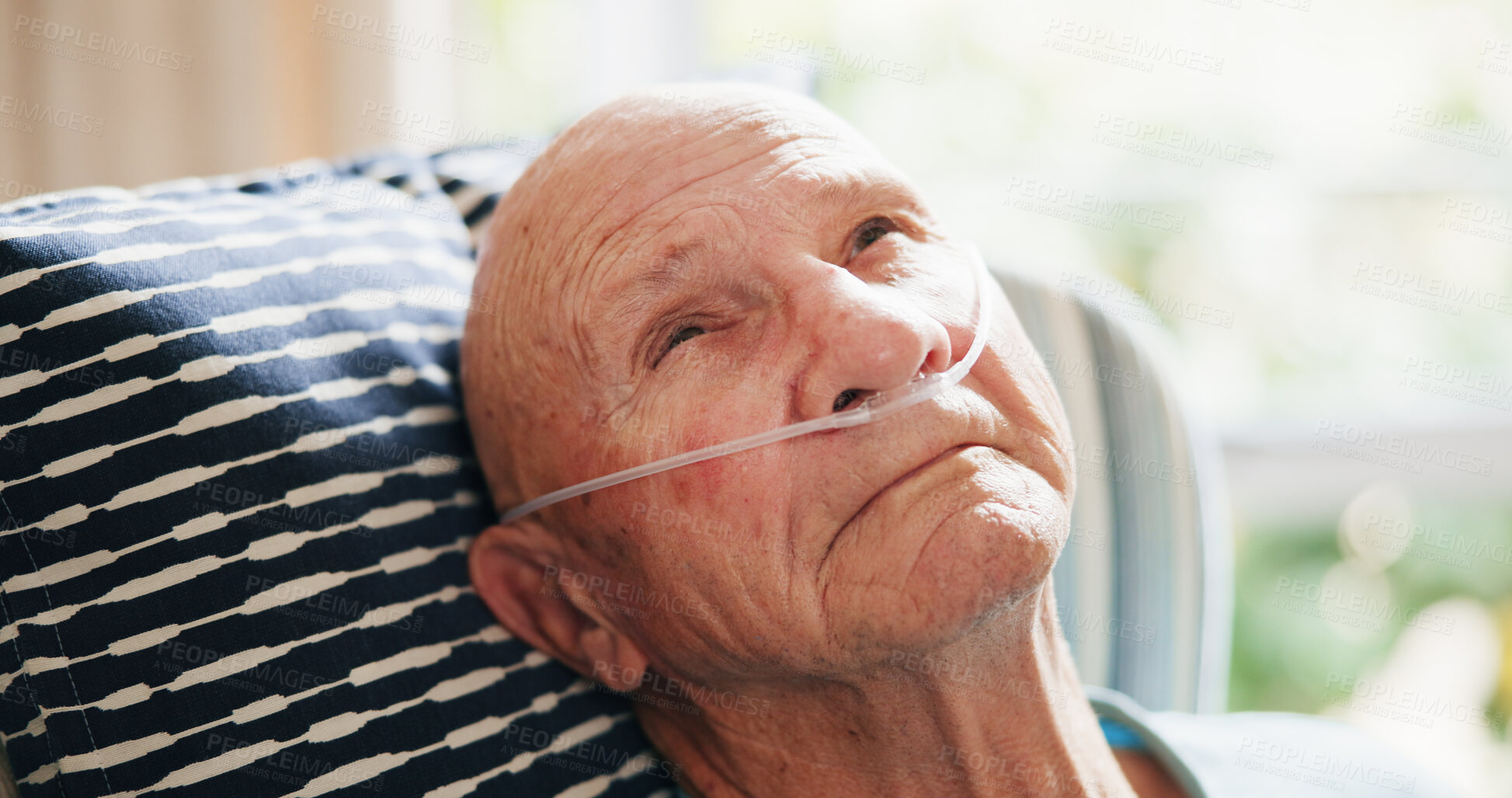 Buy stock photo Sick, old man and think in nursing home, sad and breathing with nasal cannula and pulmonary disease. Homecare, elderly patient and senior person with depression, reflection and equipment for oxygen