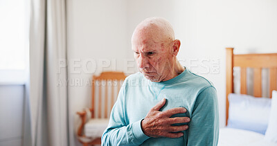 Buy stock photo Senior man, bed and chest pain with cardiac arrest for artery disease or heart attack in home. Elderly, male person or sore body with ache, stress or anxiety for health condition or illness in house