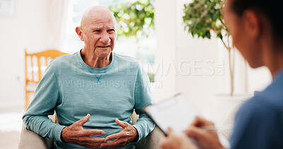 Buy stock photo Sad, old man and nurse with counseling in retirement home for bad news, cancer diagnosis or notes. Homecare, unhappy senior patient and caregiver on sofa with health assessment and emotional support