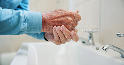 Buy stock photo Bathroom, soap and senior person with washing hands in home for health, hygiene or wellness. Retirement, sink and cleaning skin for removal of dirt, bacteria or dust for disinfection in house.