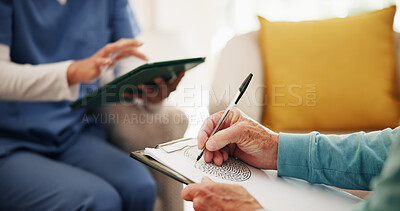 Buy stock photo Senior person, nurse and writing with maze for problem solving, assessment or exam in old age home. Hands, caregiver or elderly care with tablet, test or activity for cognitive thinking or health