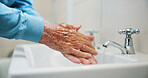 Health, hand washing and person in house with sink, bacteria prevention or wellness in retirement. Safety, cleaning and old man in bathroom with water, germ protection or care in hygiene routine.