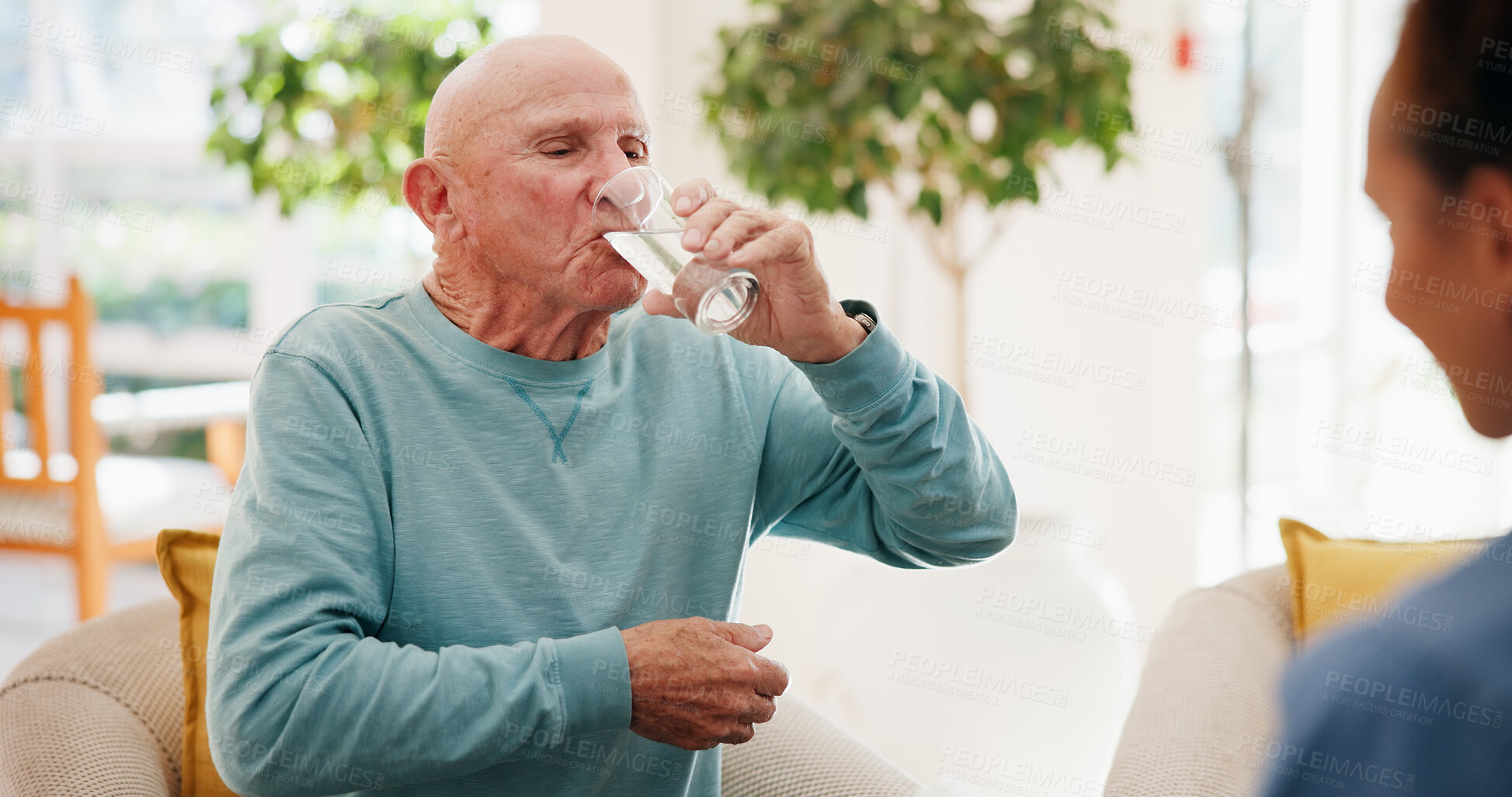 Buy stock photo Nurse, drinking water and medicine with old man in house for medical support, treatment and consulting. Healthcare pills, caregiver and medication with people in nursing home for help and retirement
