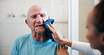 Old man, nurse and shaving in bathroom with cloth, cleaning or support for grooming in house. People, caregiver and senior person with towel, assisted living or facial hair removal in retirement home