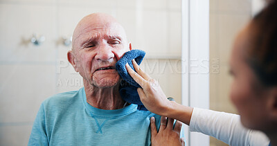 Buy stock photo Old man, nurse and shaving in bathroom with cloth, cleaning or support for grooming in house. People, caregiver and senior person with towel, assisted living or facial hair removal in retirement home