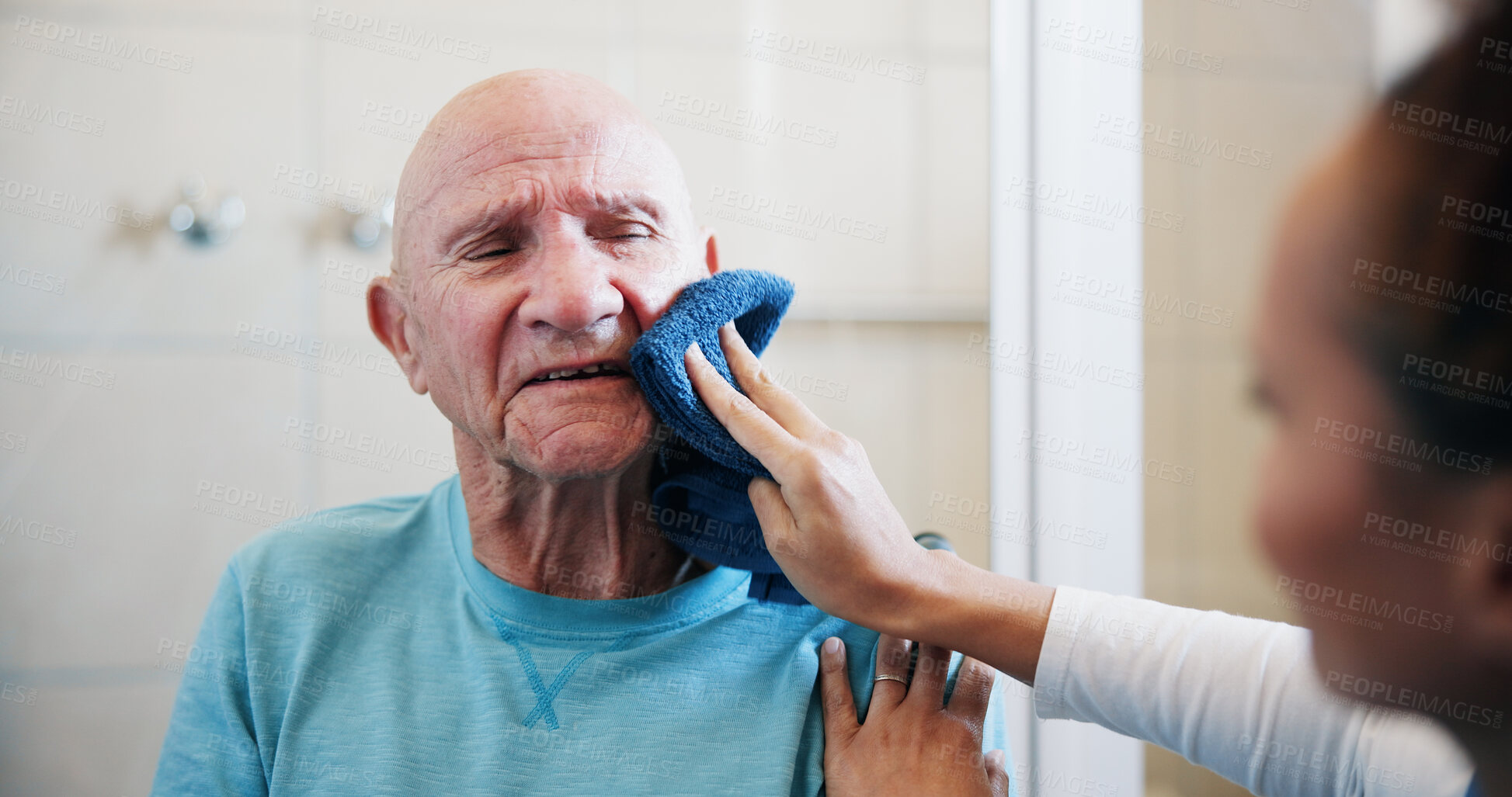 Buy stock photo Old man, nurse and shaving in bathroom with cloth, cleaning or support for grooming in house. People, caregiver and senior person with towel, assisted living or facial hair removal in retirement home