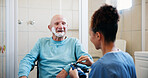 Senior man, nurse and shaving cream in bathroom with wheelchair, happy and talk with grooming in home. People, caregiver and elderly person with disability, foam or facial hair removal in retirement