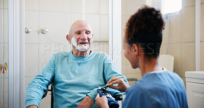 Buy stock photo Senior man, nurse and shaving cream in bathroom with wheelchair, happy and talk with grooming in home. People, caregiver and elderly person with disability, foam or facial hair removal in retirement