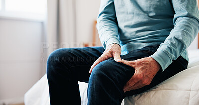 Buy stock photo Hands, senior man and leg pain at house from arthritis, parkinson and muscle inflammation. Closeup, elderly person and discomfort of pinched nerve, fibromyalgia and joint cramps from poor circulation