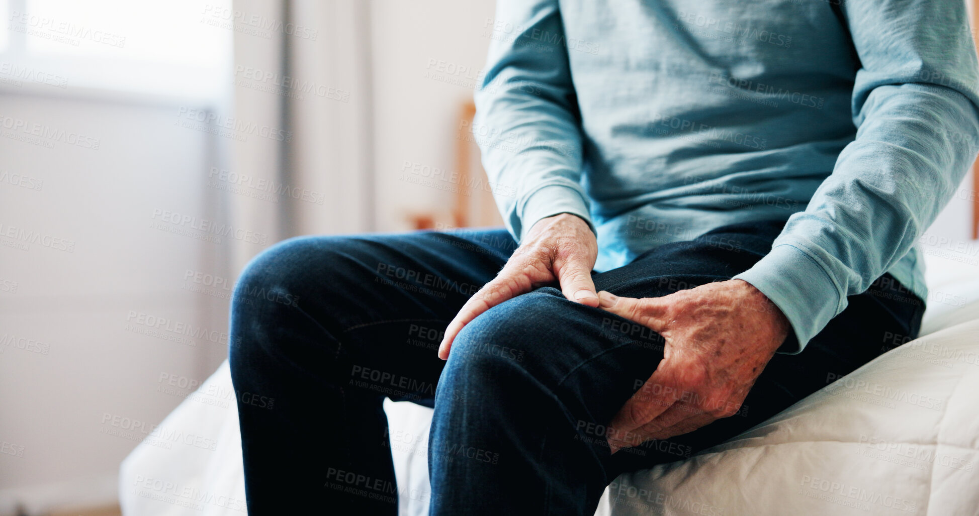 Buy stock photo Hands, senior man and leg pain at house from arthritis, parkinson and muscle inflammation. Closeup, elderly person and discomfort of pinched nerve, fibromyalgia and joint cramps from poor circulation