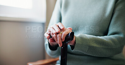 Buy stock photo Cane, thinking and hands with old woman and window in home for retirement, Parkinson and reflection. Memory, walking stick and mobility aid with senior person with a disability in house for vision