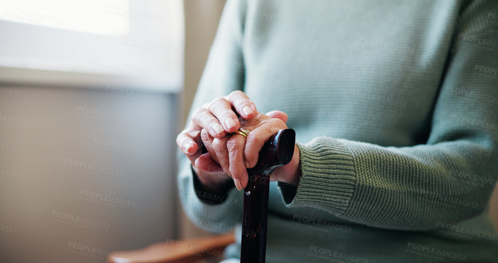 Buy stock photo Cane, thinking and hands with old woman and window in home for retirement, Parkinson and reflection. Memory, walking stick and mobility aid with senior person with a disability in house for vision