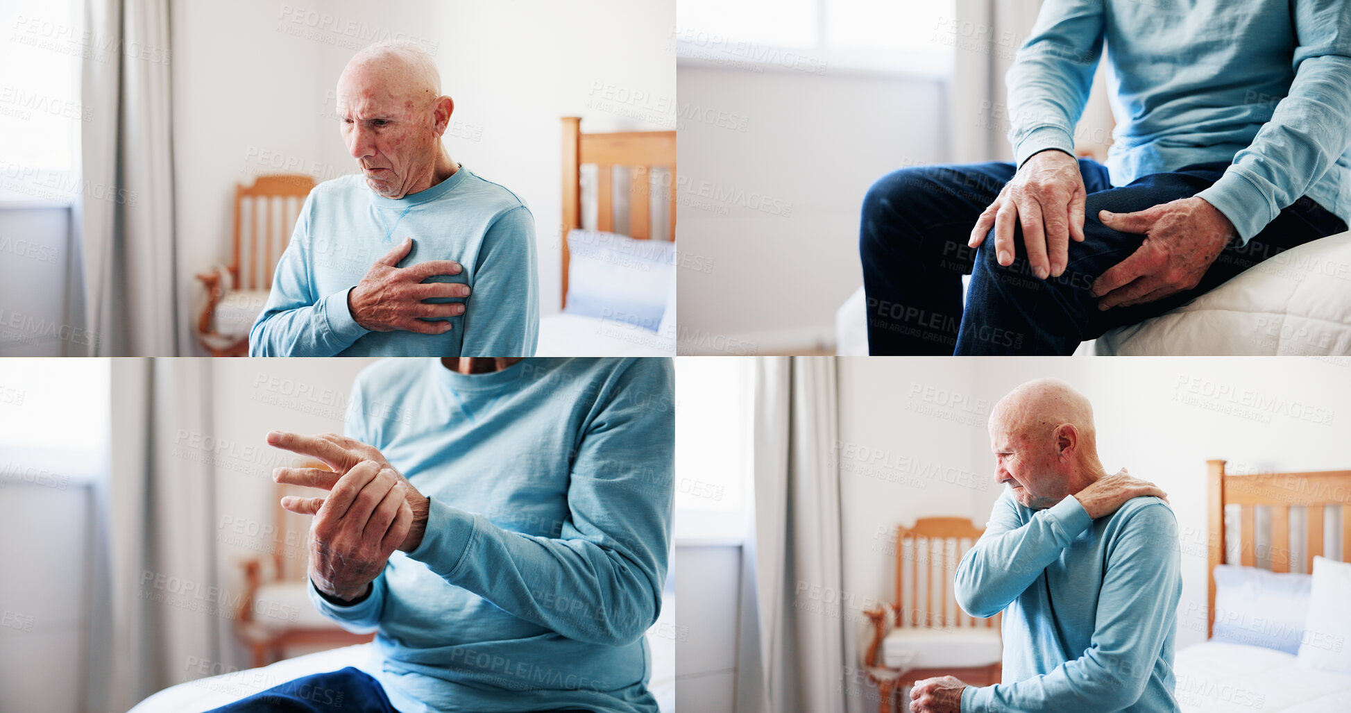 Buy stock photo Senior man, series and pain in bedroom for healthcare problem, cardiac arrest and body injury. Elderly person, discomfort and sequence of medical emergency, parkinson and muscle inflammation at house