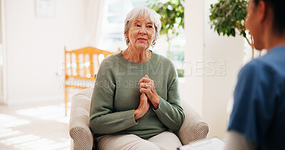 Buy stock photo Checkup, old woman and nurse with discussion on sofa for treatment progress, feedback and support. Retirement home, senior patient and caregiver with clipboard for health consultation or test results