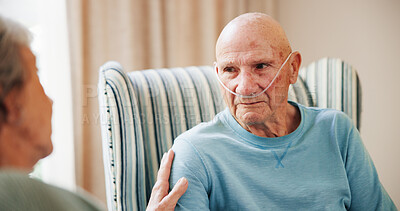 Buy stock photo Sick, man and senior couple in home with comfort, empathy and support for cancer diagnosis. Retirement, marriage and elderly people in house for help, recovery and care for health, wellness and ill