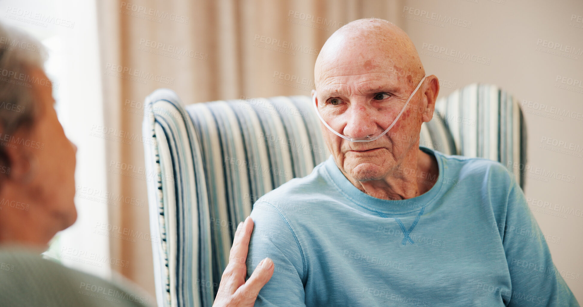Buy stock photo Sick, man and senior couple in home with comfort, empathy and support for cancer diagnosis. Retirement, marriage and elderly people in house for help, recovery and care for health, wellness and ill