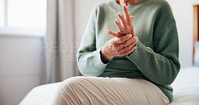 Buy stock photo Senior person, massage and hand pain at house from arthritis, carpal tunnel and muscle inflammation. Closeup, elderly woman or discomfort of pinched nerve, fibromyalgia and joint cramps of tendinitis