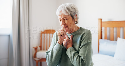 Buy stock photo Cough, sick and senior woman on bed in home with allergies, chest infection or sore throat. Illness, retirement and elderly female person with tuberculosis, cold or flu symptoms in bedroom at house.