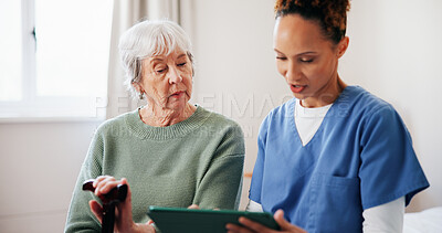 Buy stock photo Old woman, cane or nurse with tablet in home for wellness checkup, medical update or discussion. Retirement, senior patient with disability and caregiver with digital app for test results or feedback