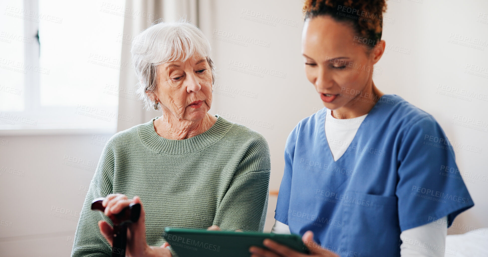 Buy stock photo Old woman, cane or nurse with tablet in home for wellness checkup, medical update or discussion. Retirement, senior patient with disability and caregiver with digital app for test results or feedback