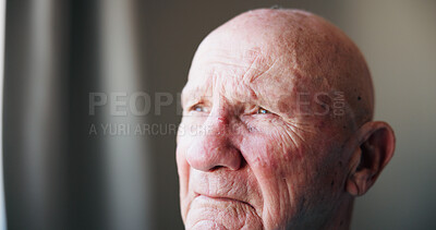 Buy stock photo Thinking, remember and senior man in home for memory, reflection or nostalgia with depression. Sad, planning and elderly male person in retirement with ideas, decision or choice in apartment.