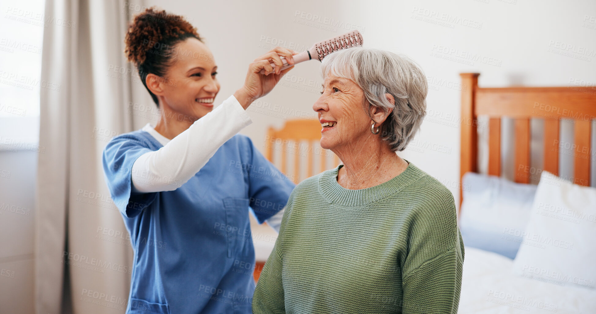 Buy stock photo Old woman, nurse and brush for hair care in bedroom, happy and helping hand with morning routine. Elderly person, caregiver and comb with grooming, conversation and assisted living in retirement home