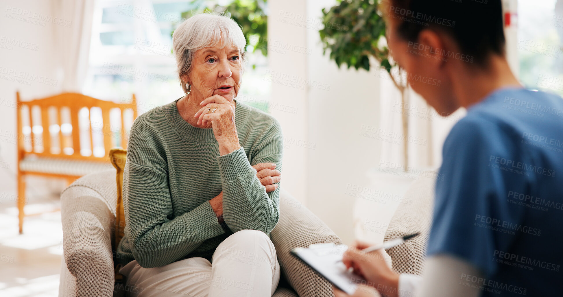 Buy stock photo Healthcare, old woman and nurse with checkup in retirement home for assessment, support and notes. Homecare, senior patient and caregiver writing on clipboard for wellness check and medical results