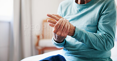 Buy stock photo Senior person, massage and hand pain at house from arthritis, carpal tunnel and muscle inflammation. Fingers, ache and discomfort with pinched nerve, fibromyalgia and joint cramps at retirement home