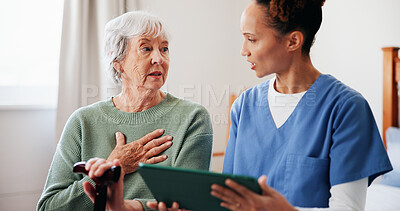 Buy stock photo Old woman, cane and nurse with tablet on bed for wellness checkup, medical update and discussion. Retirement home, senior patient with disability and caregiver with tech for test results and feedback