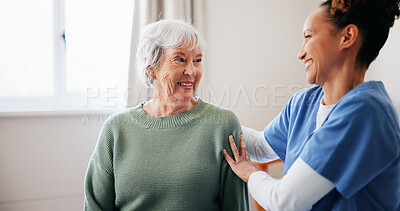 Buy stock photo Caregiver, smile and old woman in house with support, trust and empathy in assisted living. Happiness, respect and nurse in home with elderly patient, compassion and help in retirement care.