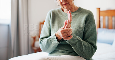 Buy stock photo Senior woman, massage and hand pain at house from arthritis, carpal tunnel and muscle inflammation. Closeup, elderly person and discomfort of pinched nerve, fibromyalgia and joint cramps from sprain