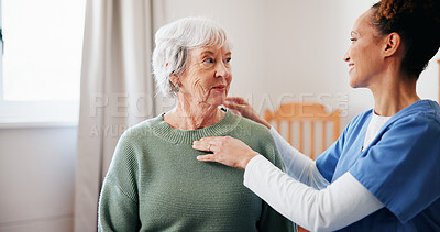 Buy stock photo Nurse, smile and advice with old woman in house for medical support, assisted living and consulting. Healthcare discussion, caregiver and checkup with people in nursing home for help and retirement