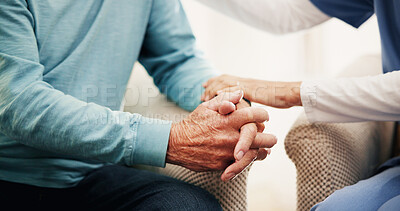 Buy stock photo Nurse, holding hands and empathy with old man in house for medical support, assisted living and consulting. Healthcare, caregiver and sympathy with people in nursing home for help and retirement