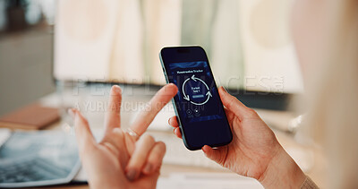 Buy stock photo Hands, menstrual cycle and phone screen with woman in home for counting days or period tracking. Fingers, gynecology app and schedule with person in apartment for health, menstruation or wellness