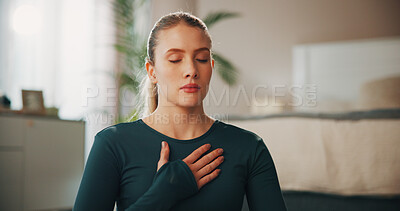 Buy stock photo Breathing, yoga and zen with woman in home for meditation, chakra and fitness. Balance, calm and wellness with person in living room of apartment for spiritual awareness, holistic healing and health
