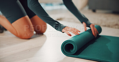 Buy stock photo Yoga mat, rolling and woman with meditation, hands and inner peace with wellness, exercise and stress relief. Person, fitness and break with energy, house and start with workout, morning and balance