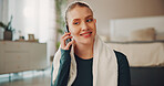 Break, fitness and phone call with woman in bedroom of home for communication or training advice. Conversation, exercise and relax with happy person in apartment for health, wellness or workout
