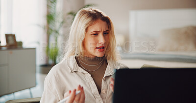 Buy stock photo Freelancer, laptop and confused with woman in home for proposal rejection, bad review and glitch. Online crisis, remote worker mistake and 404 error with person in apartment for update disaster