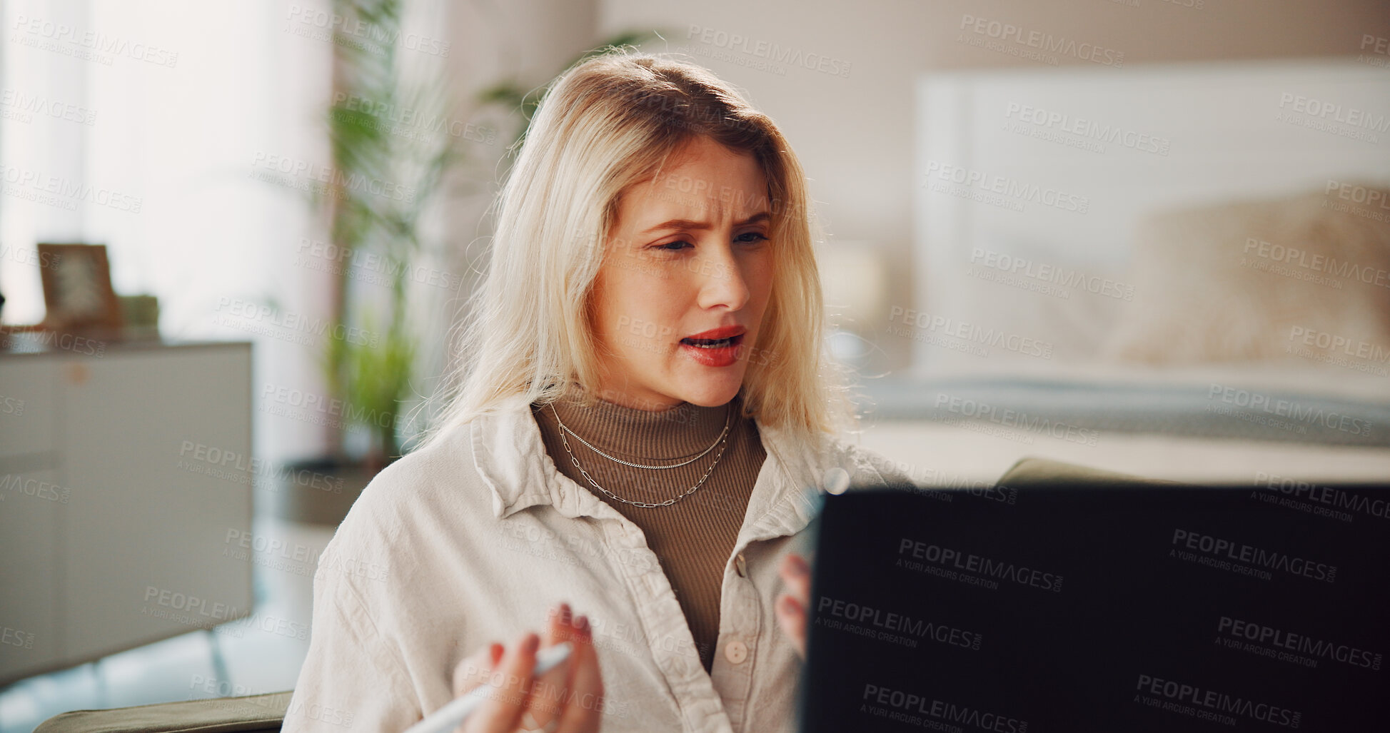 Buy stock photo Freelancer, laptop and confused with woman in home for proposal rejection, bad review and glitch. Online crisis, remote worker mistake and 404 error with person in apartment for update disaster