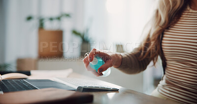 Buy stock photo Cleaning keyboard, hands and spray with business woman for hygiene, germ prevention and health. Tech, sanitation and person at desk with laptop maintenance, disinfect or bacteria safety in office