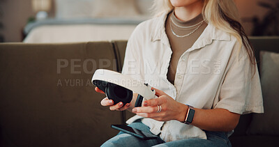 Buy stock photo Hands, woman and headphones with phone at house for connection, streaming and listening to music. Female person, mobile and browsing internet for latest album, download podcast and app subscription