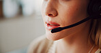 Woman, mouth and mic for consultation at call centre for customer service, crm and assistance. Closeup, female person and headset for technical support, helping client and representative for inquiry