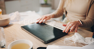Buy stock photo Hands, sick woman and laptop in home office for remote work, allergy and bacteria infection by desk. Freelancer, computer and person with illness, cold virus and health problem with tissue for fever