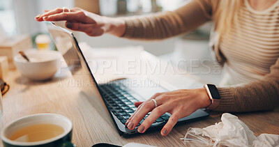 Buy stock photo Freelancer, laptop and hands of woman in home office for planning, article editor and research. Remote worker, online publishing and story fact check with person and tech in apartment for update