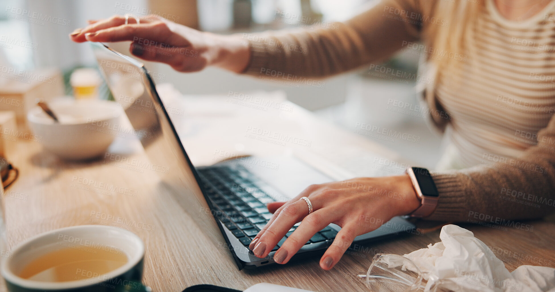 Buy stock photo Freelancer, laptop and hands of woman in home office for planning, article editor and research. Remote worker, online publishing and story fact check with person and tech in apartment for update