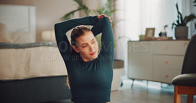 Buy stock photo Fitness, stretching and thinking with woman in bedroom of home for start of training routine. Exercise, getting ready and ideas with person in apartment for health, wellness or workout session