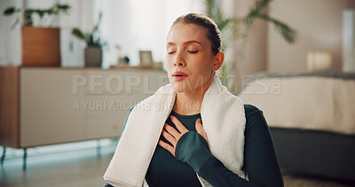 Buy stock photo Breathing, yoga and fitness with woman in home for meditation, chakra and zen. Balance, calm and wellness with person in living room of apartment for spiritual awareness, holistic healing and health