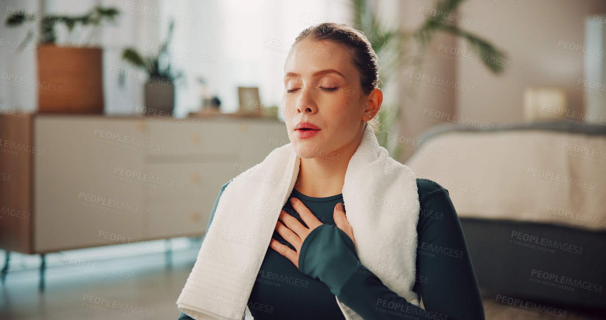 Buy stock photo Breathing, yoga and fitness with woman in home for meditation, chakra and zen. Balance, calm and wellness with person in living room of apartment for spiritual awareness, holistic healing and health