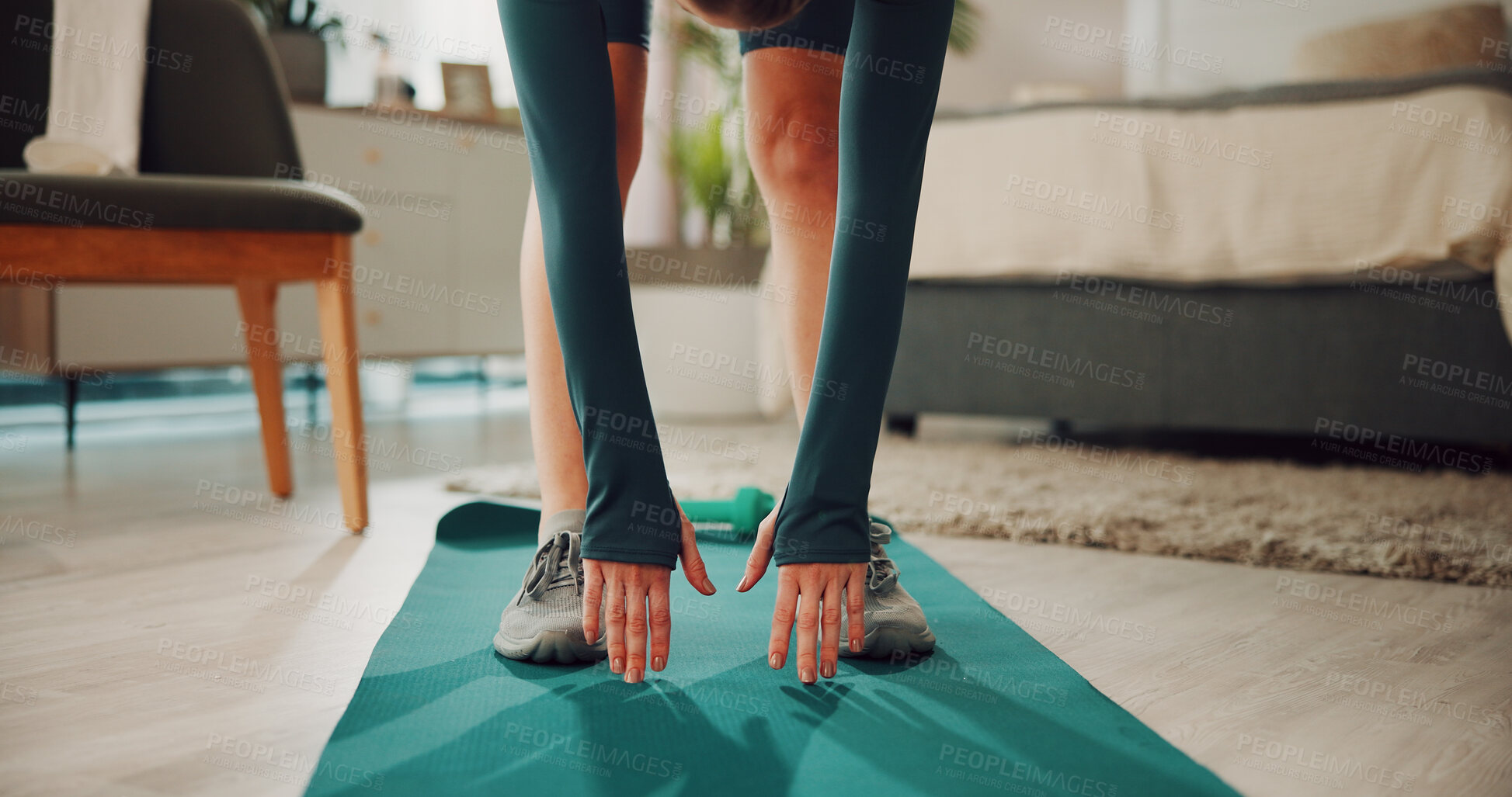 Buy stock photo Hands, legs and stretching with woman in bedroom of home for start of self care or training routine. Balance, exercise and fitness with person in apartment for health, wellness or workout session