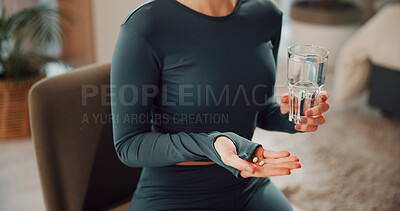 Buy stock photo Water, hands and woman with pills for fitness, health supplements and detox treatment in home. Drugs, medicine and person with weight loss tablets, medical product and vitamins for exercise recovery